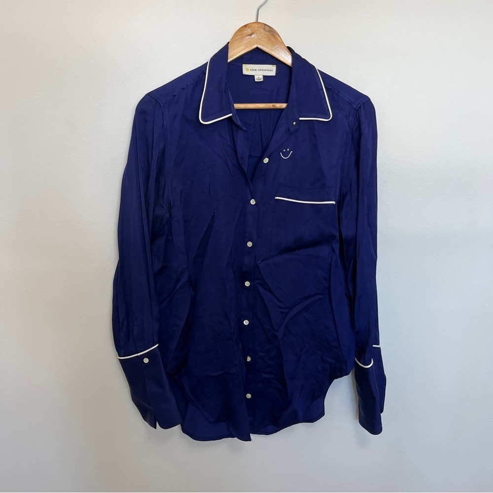 Kerri Rosenthal Navy Blue Satin Button Down Size Small